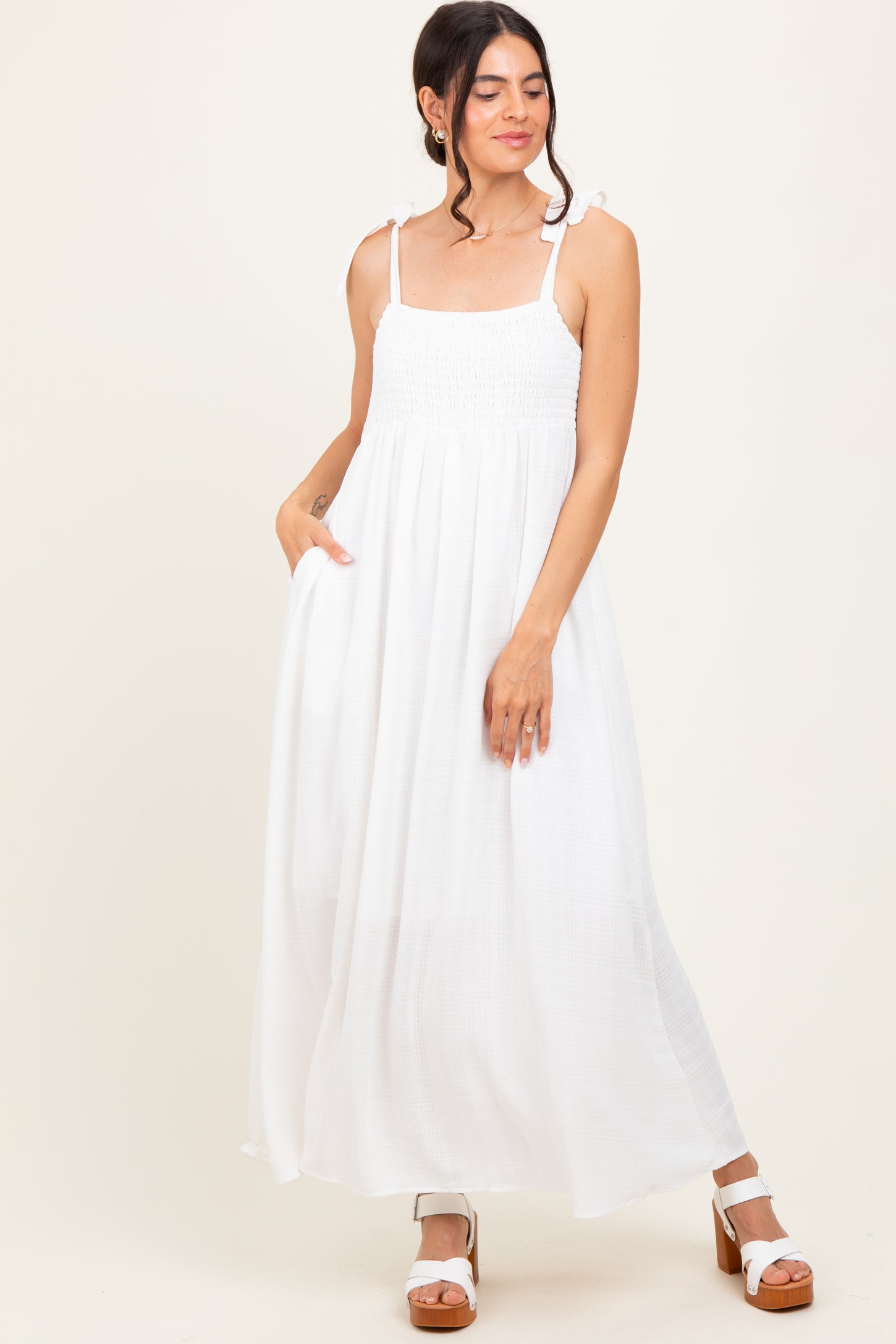 White Plaid Smocked Shoulder Tie Maxi Dress
