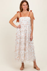 Rust Floral Smocked Shoulder Tie Ruffled Maternity Midi Dress