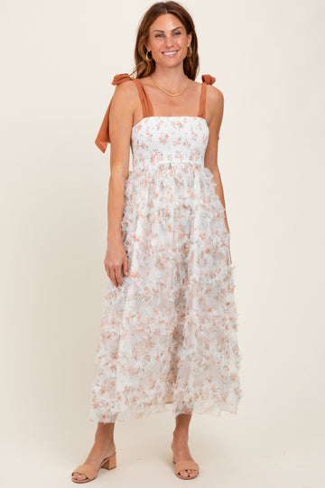 Rust Floral Smocked Shoulder Tie Ruffled Midi Dress