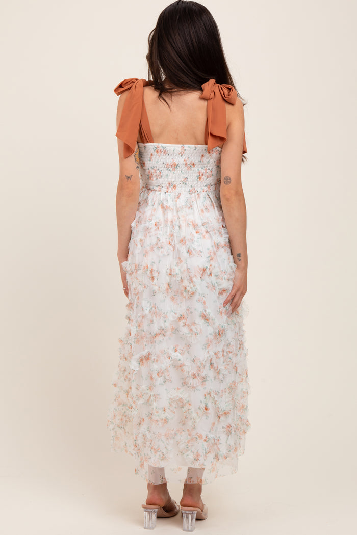 Rust Floral Smocked Shoulder Tie Ruffled Maternity Midi Dress