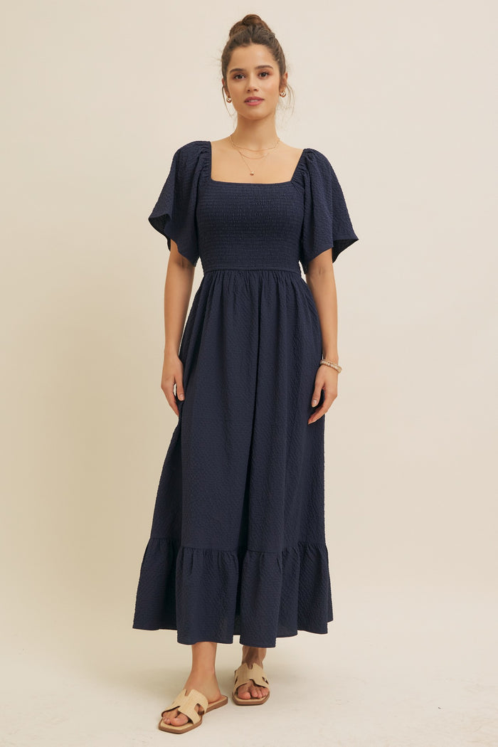 Navy Convertible Stretchy Smocked Maxi Dress