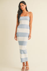 Light Blue Ivory Striped Back Lace Up Bodycon Maxi Dress