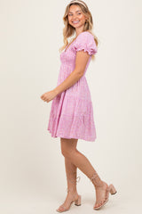 Light Pink Floral Smocked V-Neck Flutter Sleeve Dress