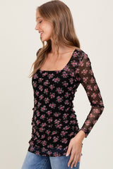 Black Square Neck Sheer Sleeve Floral Top