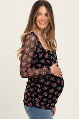 Black Square Neck Sheer Sleeve Maternity Floral Top