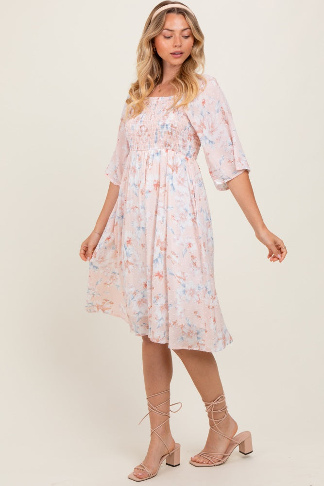 Peach Floral Smocked Midi Dress