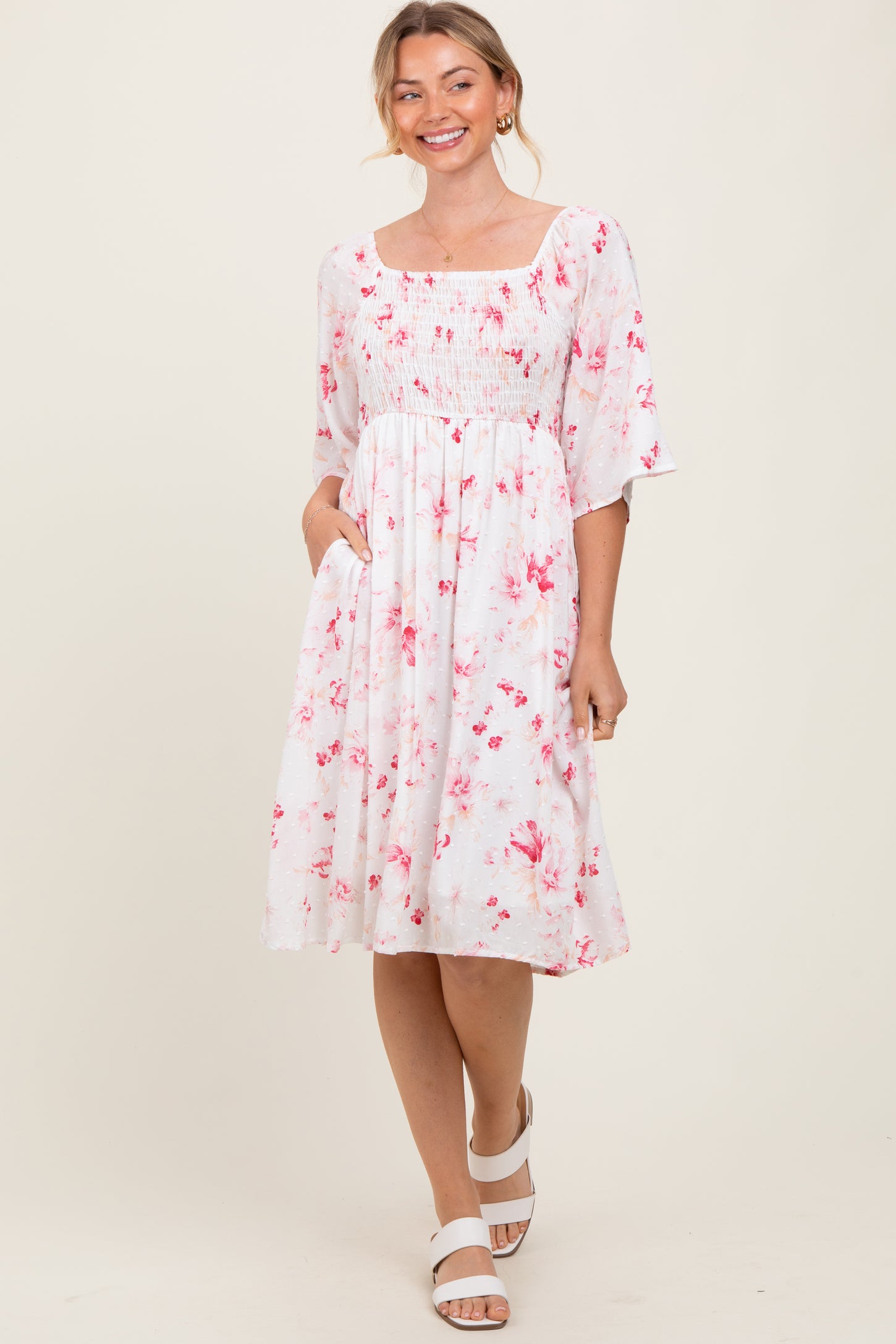 Pink Floral Smocked Midi Dress