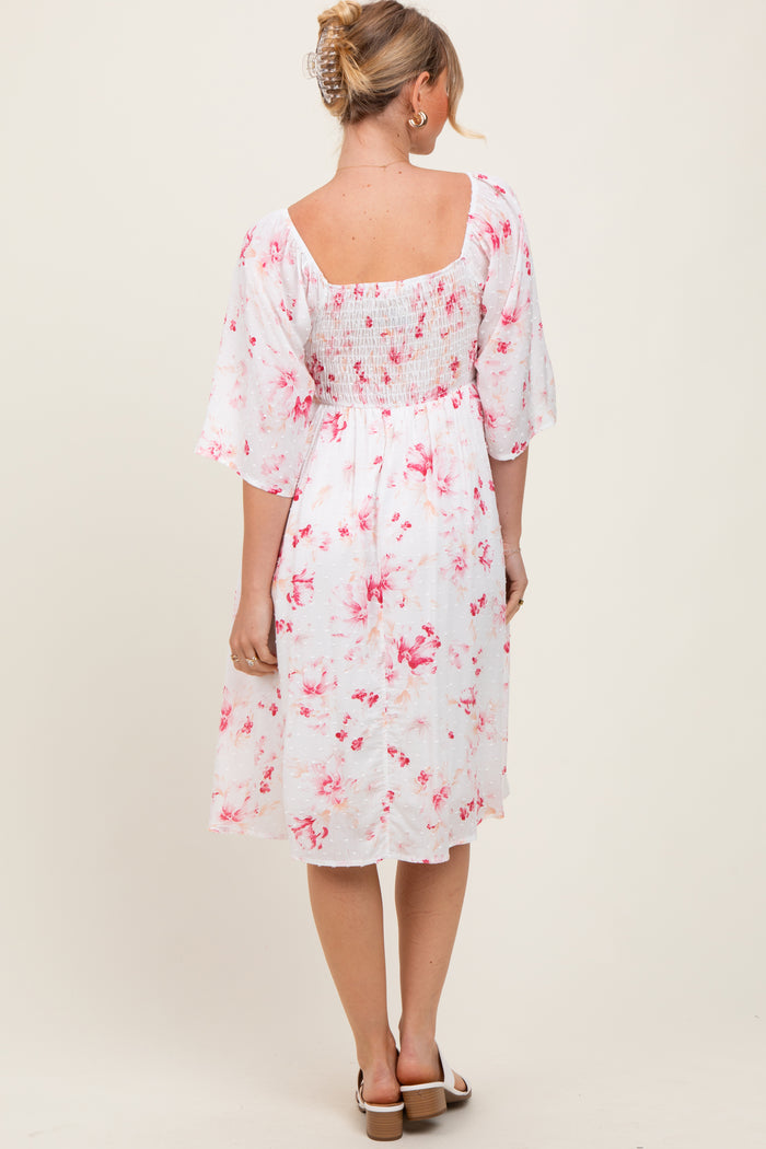 Pink Floral Smocked Midi Dress
