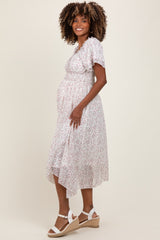 Ivory Floral Square Neck Front Tie Maternity Midi Dress