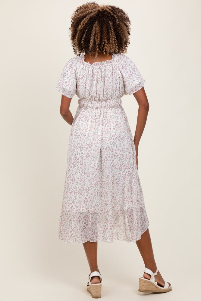 Ivory Floral Square Neck Front Tie Maternity Midi Dress