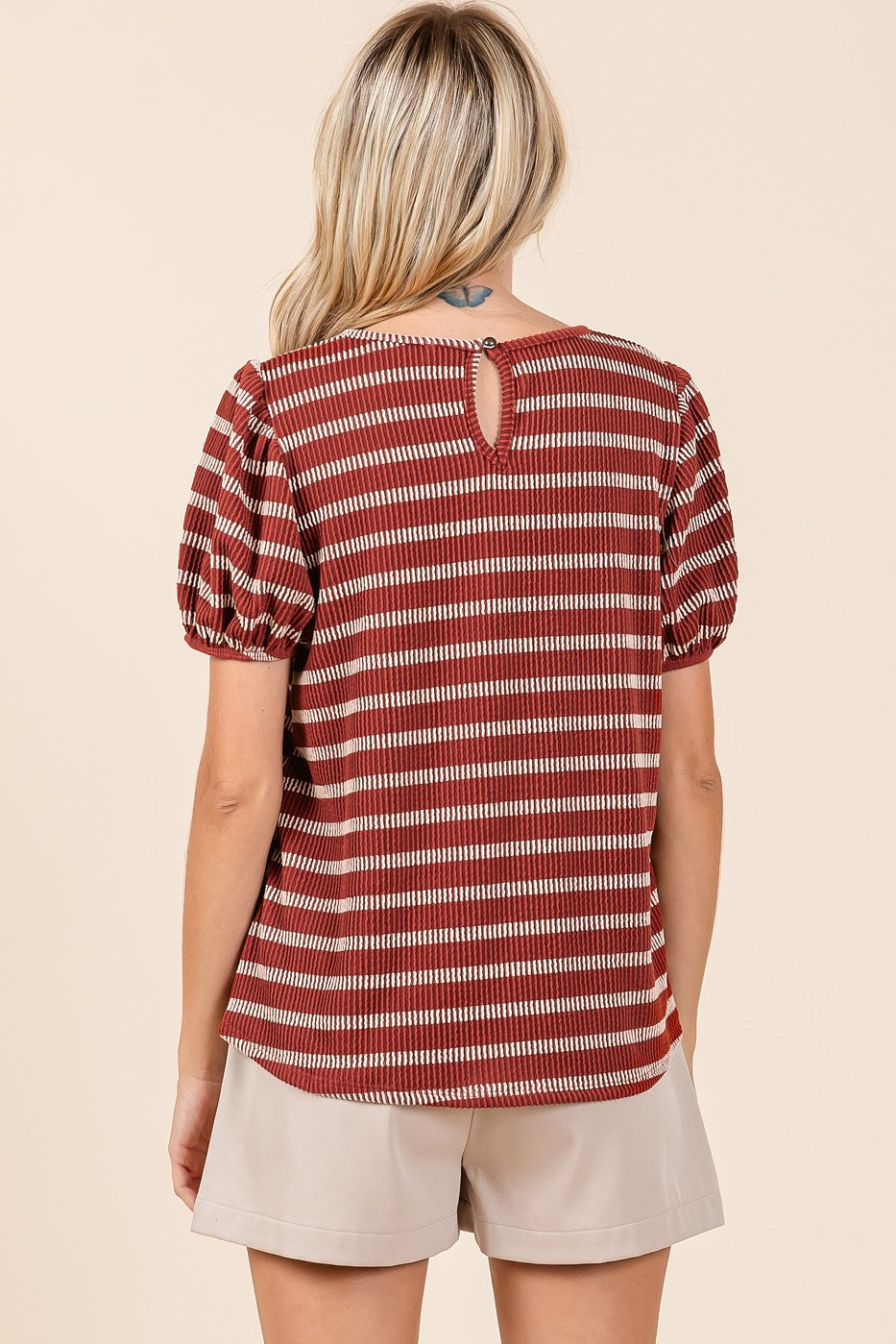 Rust Textured Knit Striped Puff Sleeve Top