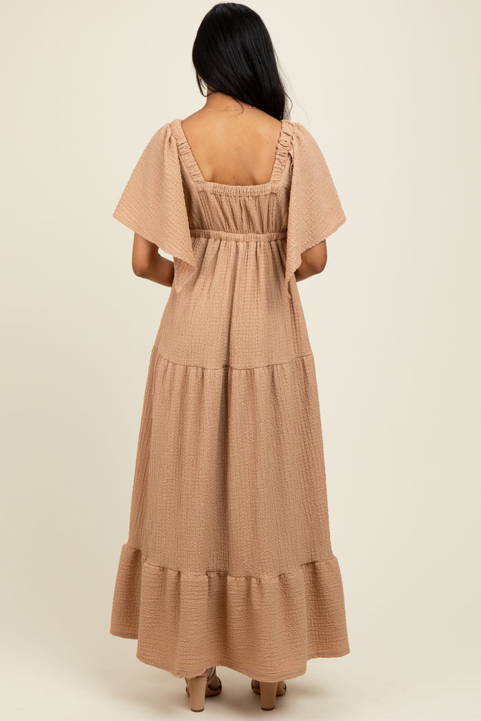 Taupe Woven Textured Flutter Sleeve V-Neck Tiered Maxi Dress