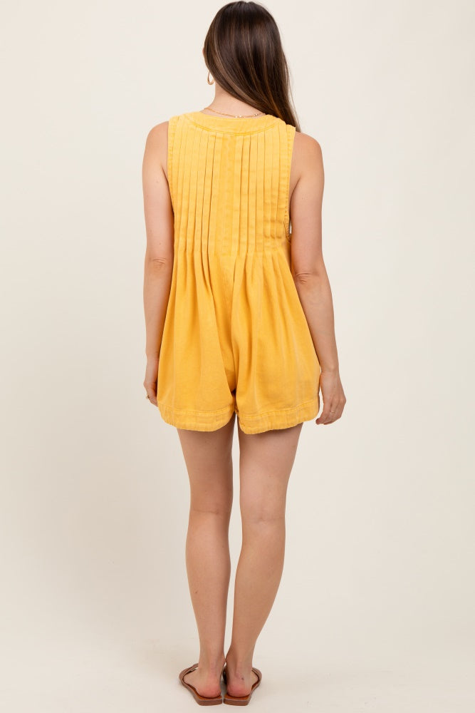 Yellow Deep V-Neck Pleated Front Tie Sleeveless Maternity Romper