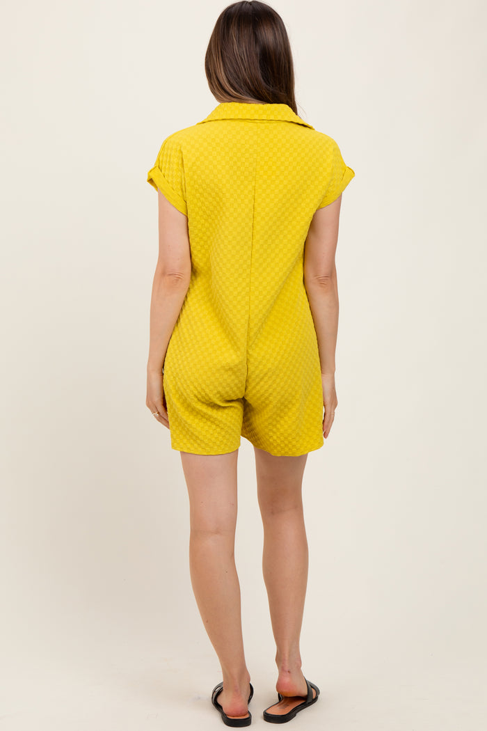 Yellow Jacquard Plaid Button-Down Maternity Romper