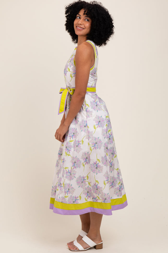Lavender Floral Sleeveless Sash Tie Midi Dress