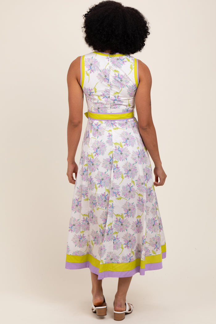 Lavender Floral Sleeveless Sash Tie Midi Dress