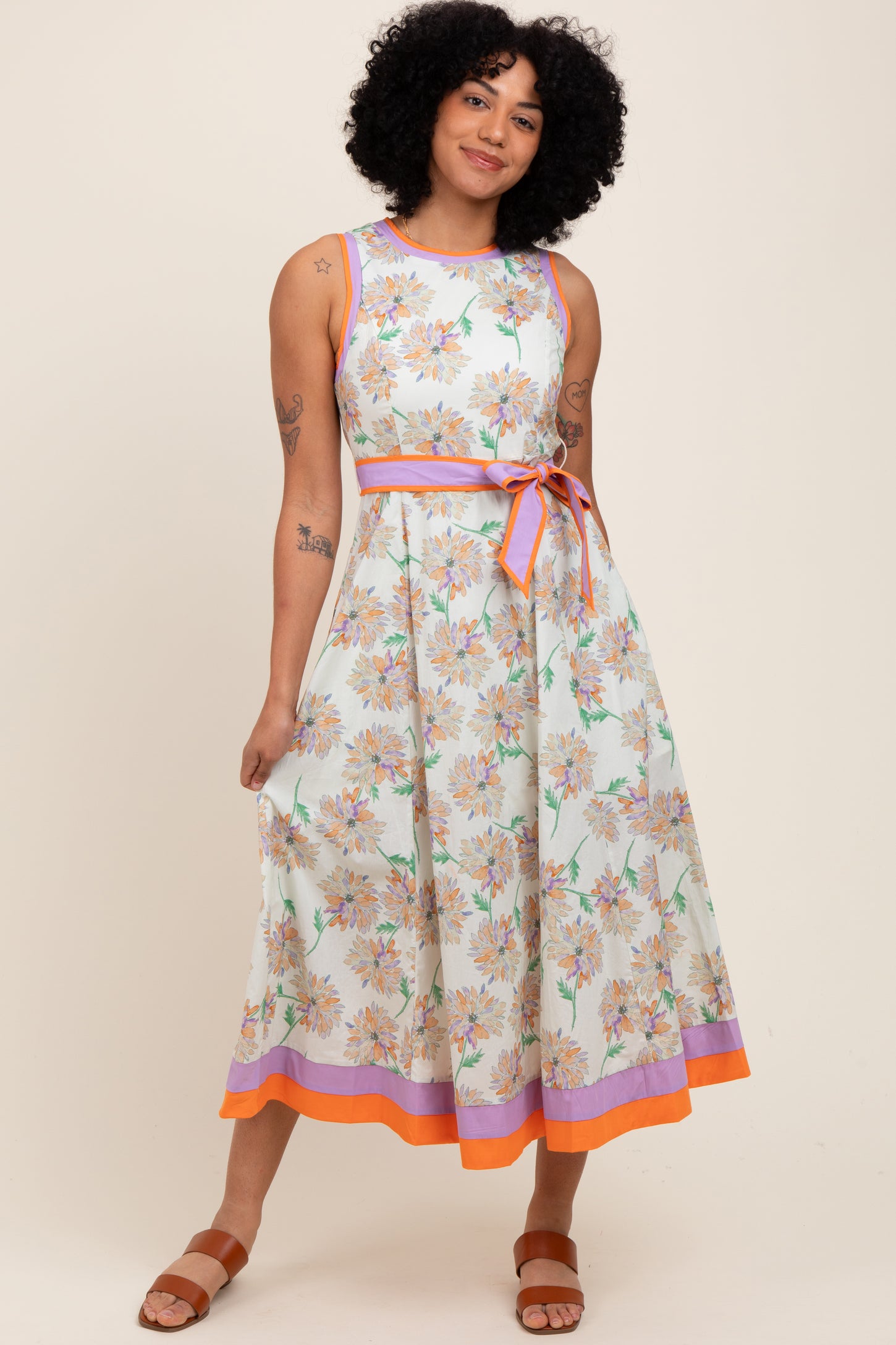 Orange Floral Sleeveless Sash Tie Maternity Midi Dress