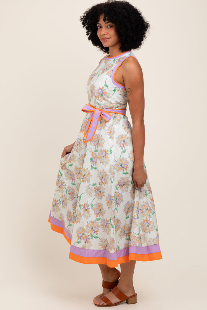Orange Floral Sleeveless Sash Tie Midi Dress