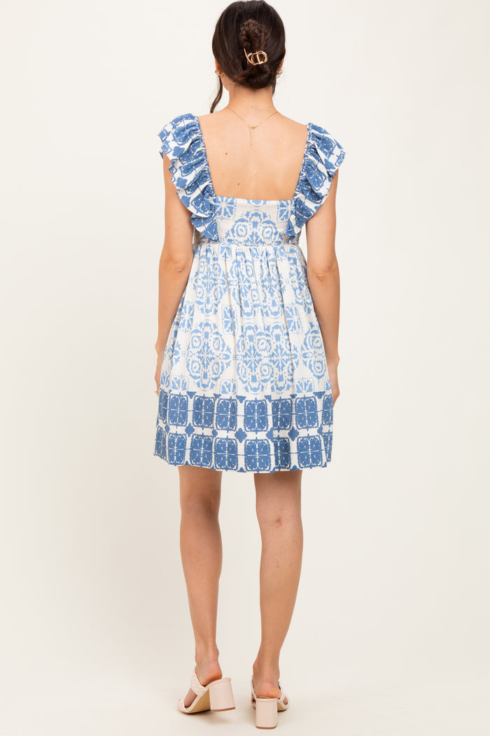 Blue Damask Ruffle Sleeve Mini Dress