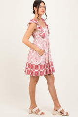 Mauve Damask Ruffle Sleeve Mini Dress