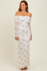 Ivory Floral Mesh Off Shoulder Foldover Maxi Dress