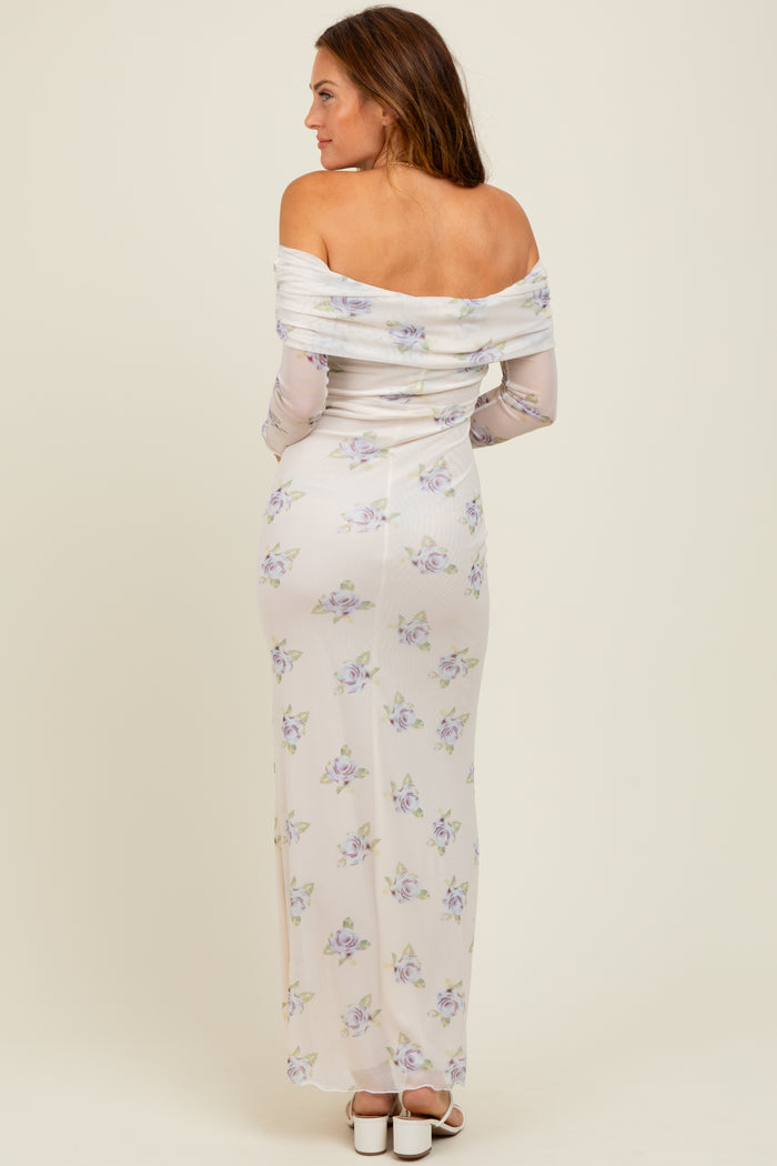 Ivory Floral Mesh Off Shoulder Foldover Maxi Dress
