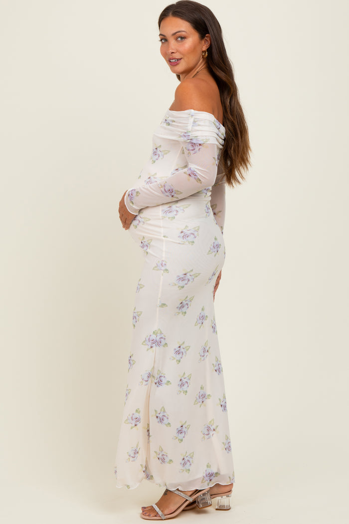 Ivory Floral Mesh Off Shoulder Foldover Maternity Maxi Dress