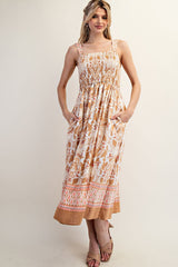 Camel Floral Sleeveless Smocked Maternity Midi Dress