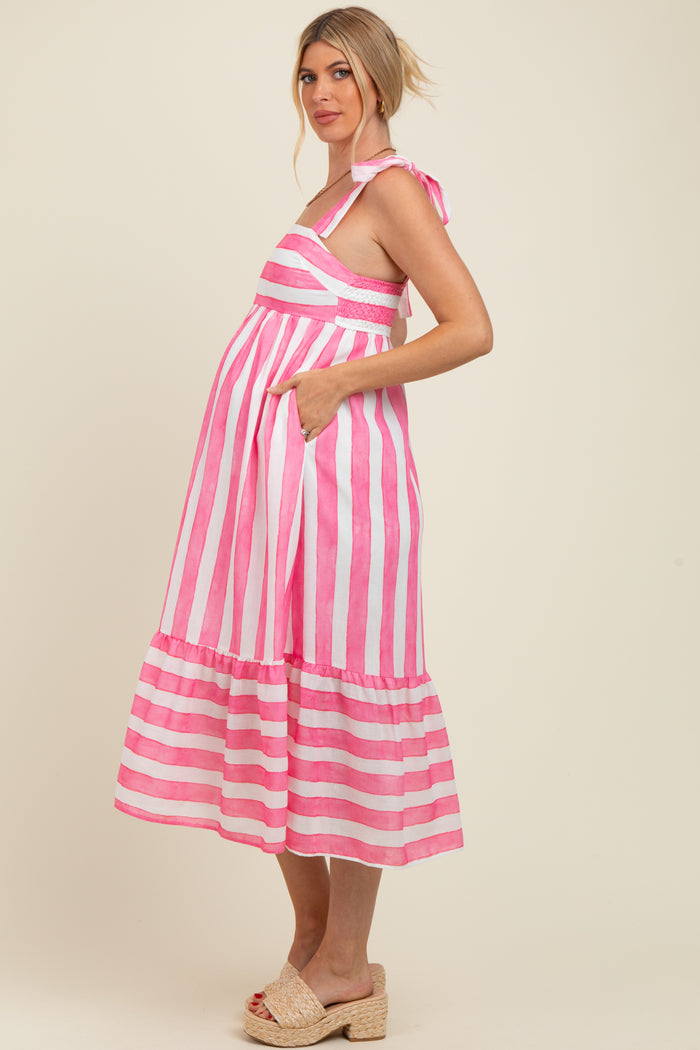 Pink Wide Stripe Shoulder Tie Maternity Midi Dress