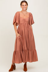 Rust Flutter Sleeve Ruffle Hem Midi Dress