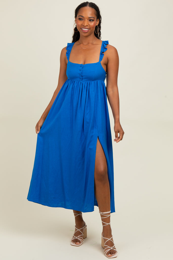 Blue Ruffle Strap Cutout Tie Back Maternity Midi Dress