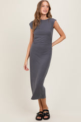 Charcoal Sleeveless Side Ruched Midi Dress