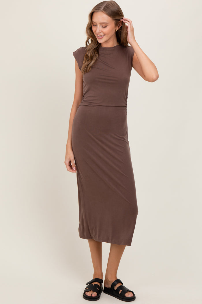 Brown Sleeveless Side Ruched Maternity Midi Dress