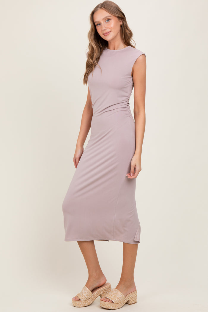 Light Pink Sleeveless Side Ruched Midi Dress