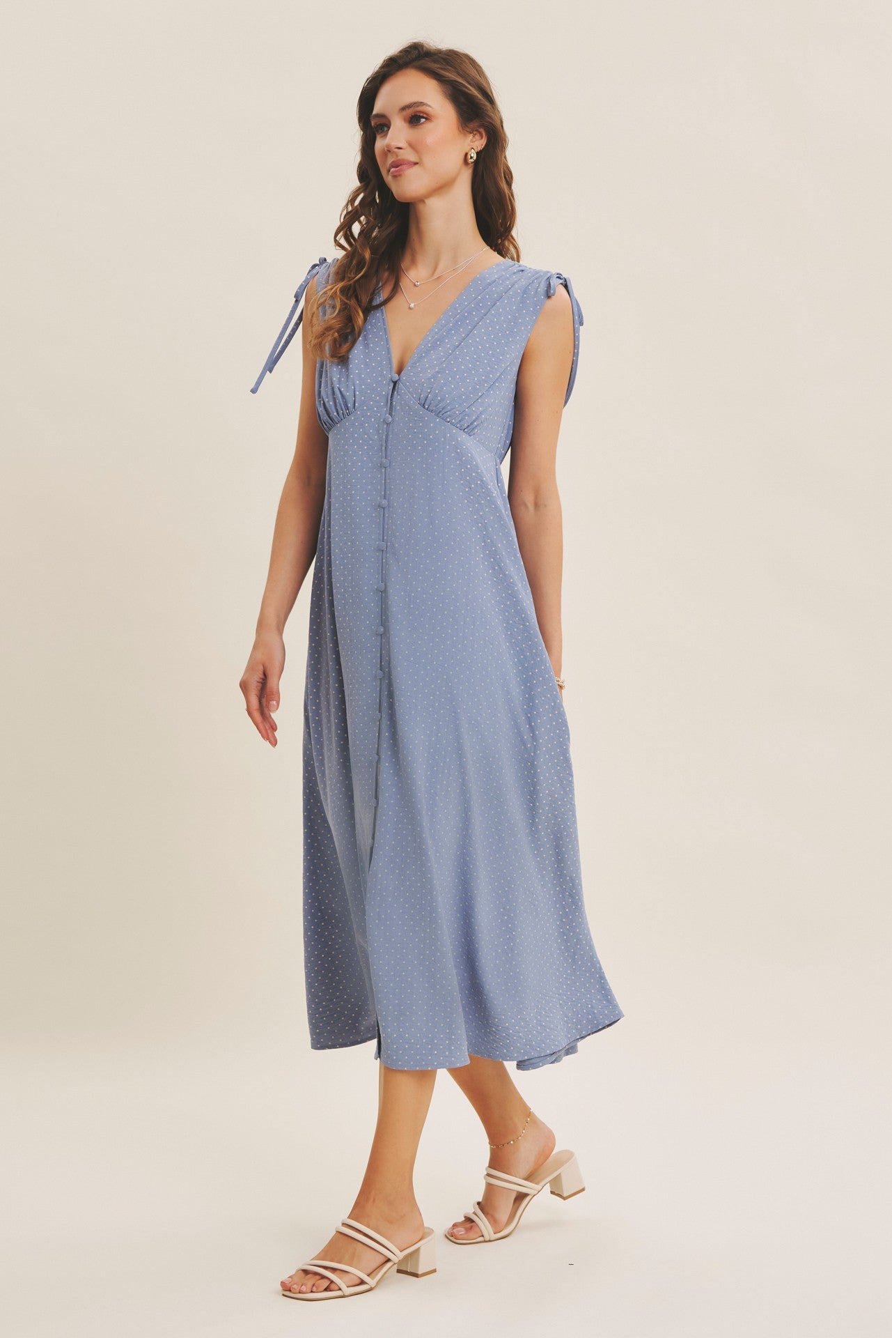 Blue Button-Down Polka Dot Shirred Bow Midi Dress