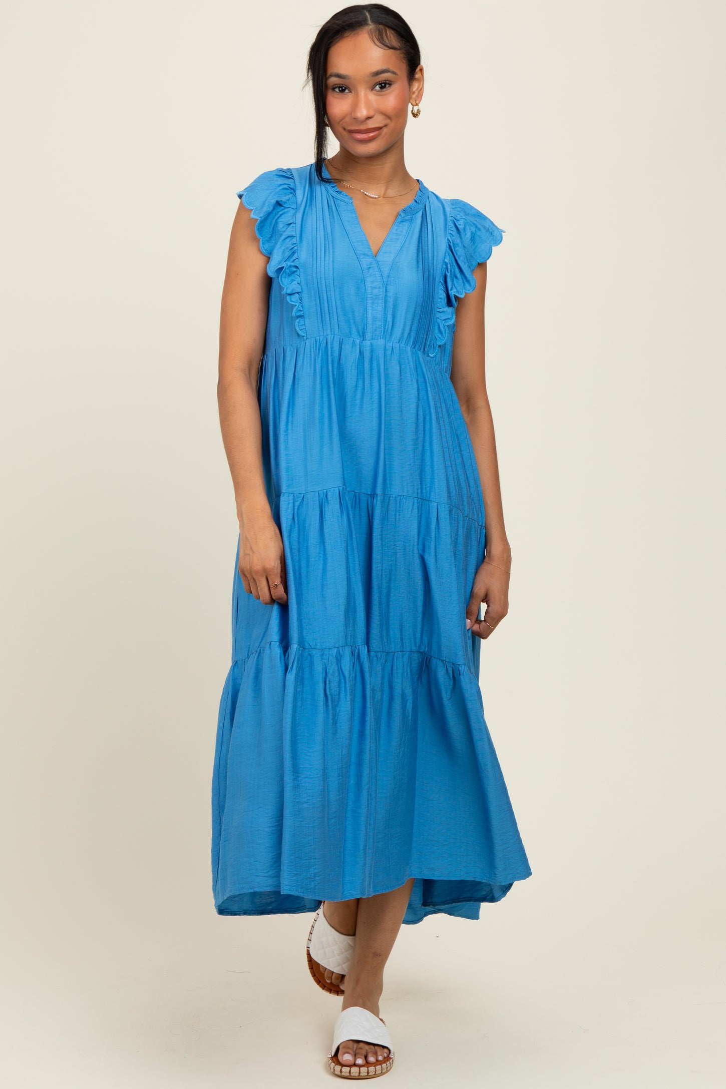 Blue Ruffle Sleeve Tiered Midi Dress