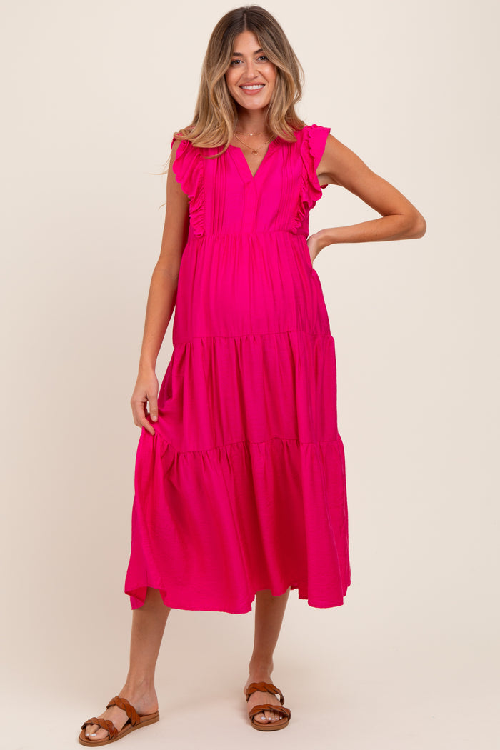 Fuchsia Ruffle Sleeve Tiered Maternity Midi Dress
