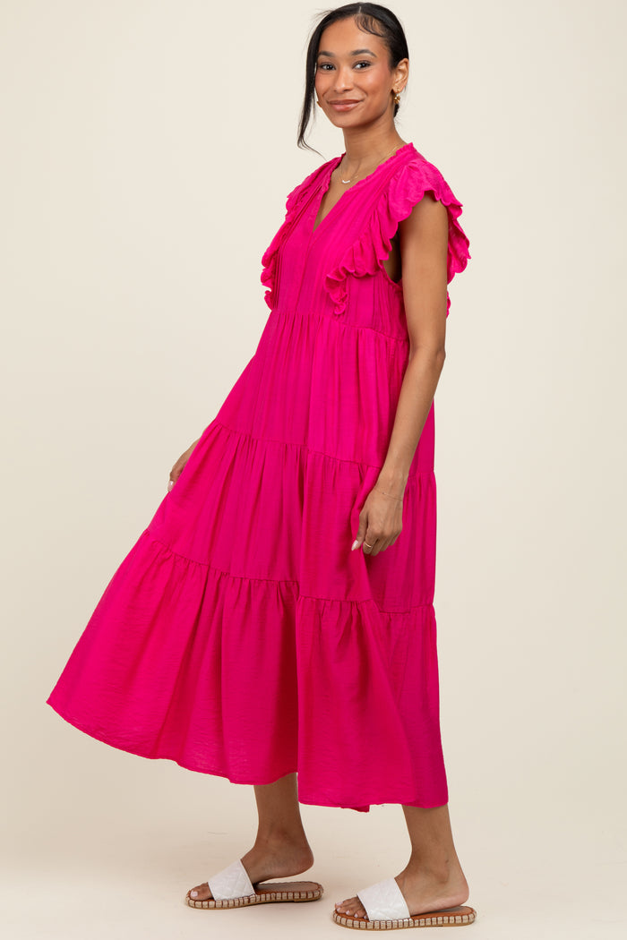 Fuchsia Ruffle Sleeve Tiered Midi Dress