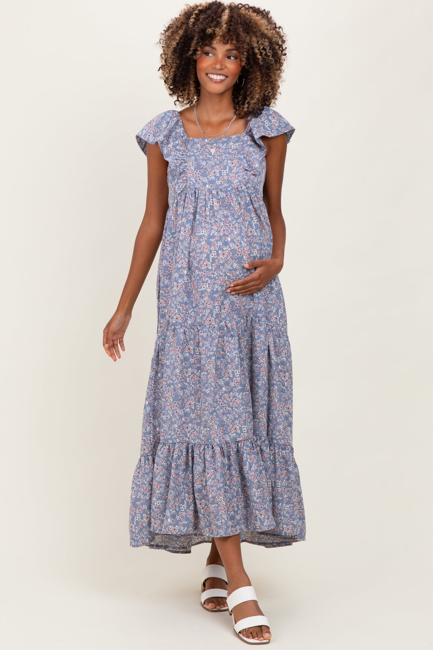 Blue Floral Ruffle Sleeve Maternity Maxi Dress