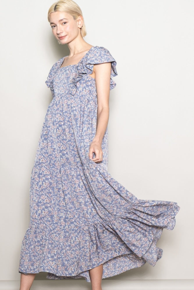 Blue Floral Ruffle Sleeve Maxi Dress