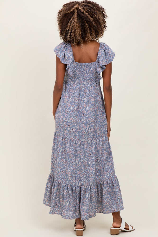 Blue Floral Ruffle Sleeve Maternity Maxi Dress
