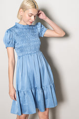 Light Blue Satin Smocked Mock Neck Dress