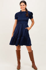 Navy Satin Smocked Mock Neck Dress