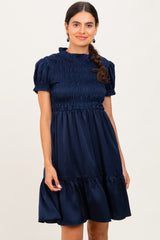 Navy Satin Smocked Mock Neck Dress