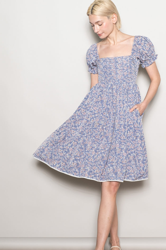 Blue Floral Pleated Bodice Puff Sleeve Dress