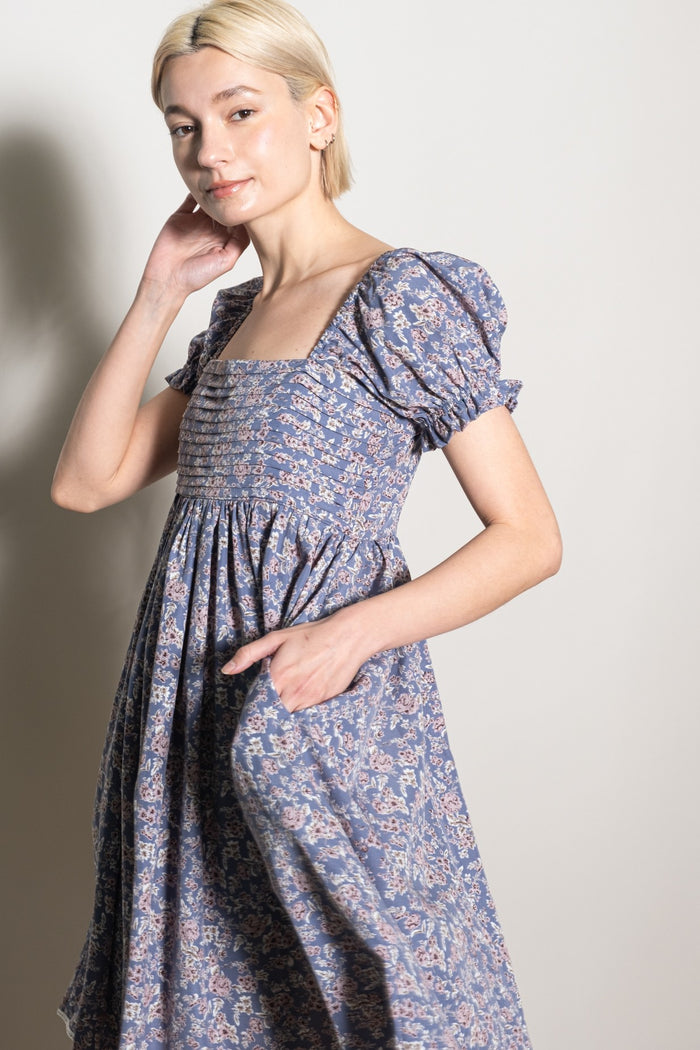 Blue Floral Pleated Bodice Puff Sleeve Dress