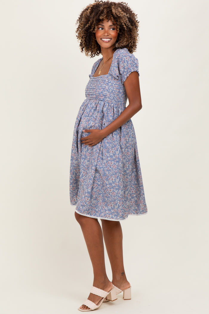 Blue Floral Pleated Bodice Puff Sleeve Maternity Dress