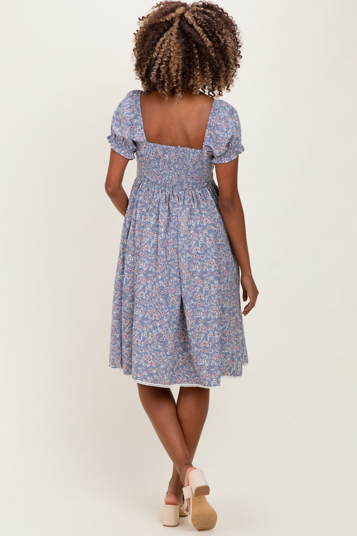 Blue Floral Pleated Bodice Puff Sleeve Maternity Dress