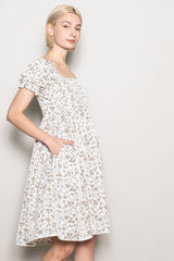 Ivory Floral Pleated Bodice Puff Sleeve Dress