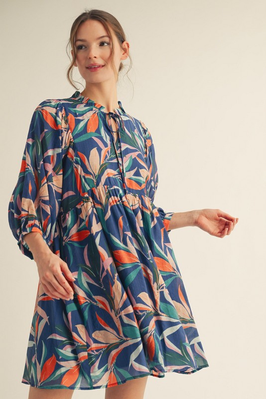 Navy Leaf Print Front Tie 3/4 Sleeve Dress
